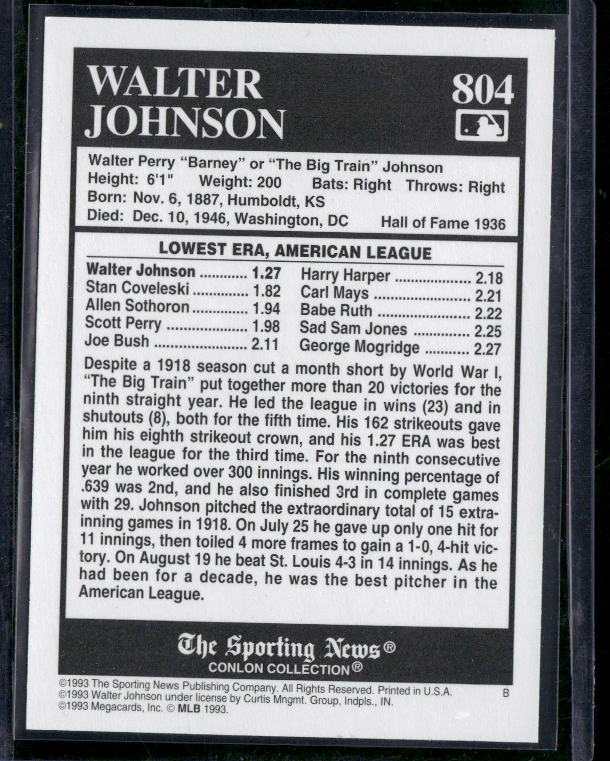 1993 Conlon Collection WALTER JOHNSON #804 (EX)