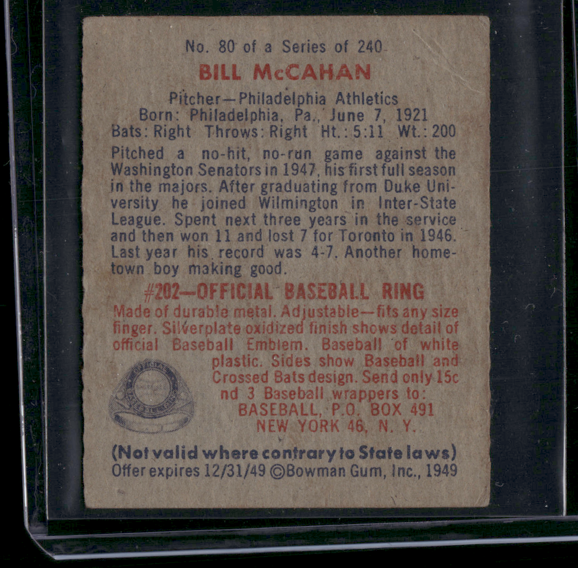 1949 Bowman BILL MCCAHAN #80 Light Wrinkles on back