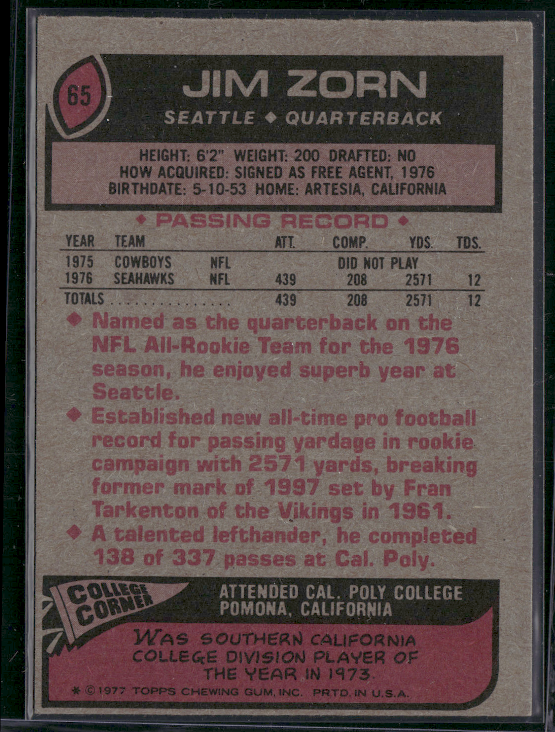 1977 Topps JIM ZORN #65 (VG/EX)
