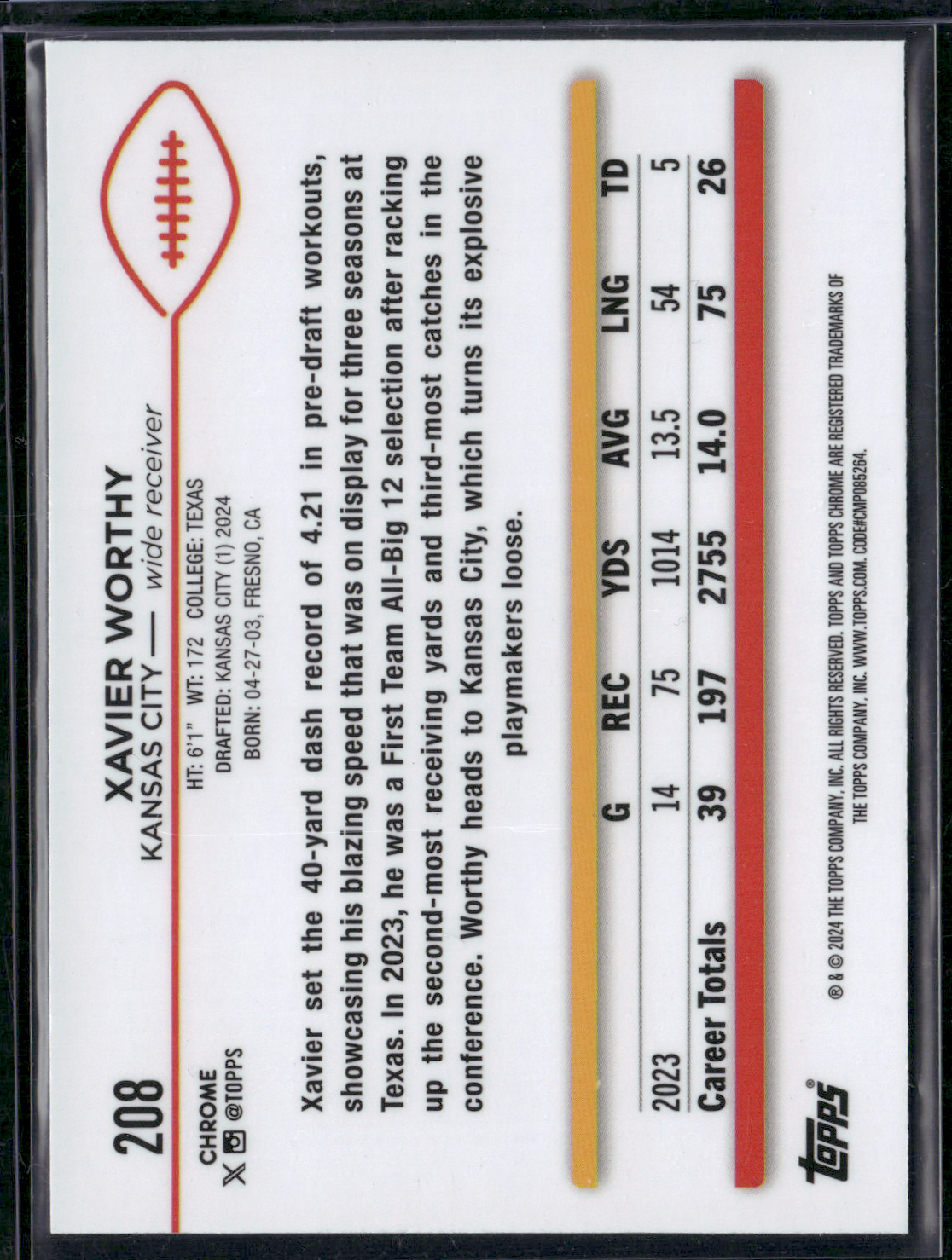 2024 Chrome XAVIER WORTHY #208 Rookie RC (NM)