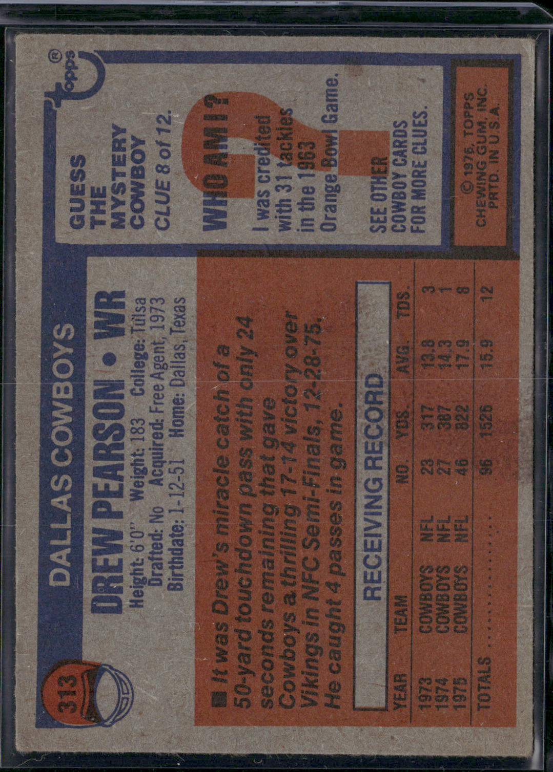 1976 Topps DREW PEARSON #313 (VG/EX-EX)