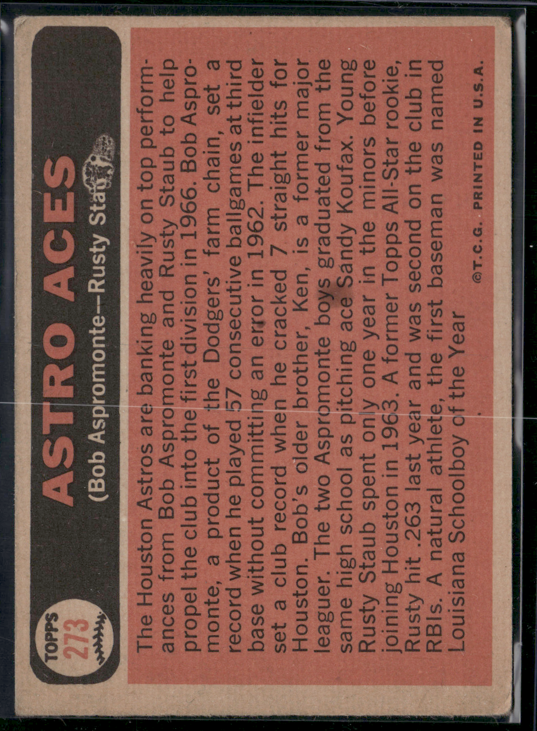 1966 Topps RUSTY STAUB/BOB ASPROMONTE #273 Astro Aces Light Stain on Back (VG)