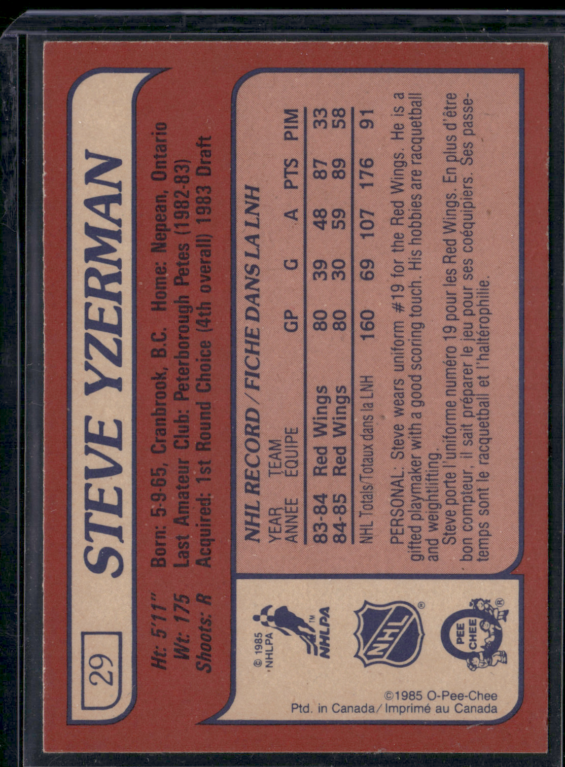 1985 O-Pee-Chee STEVE YZERMAN #29 (EX-EX/MT)