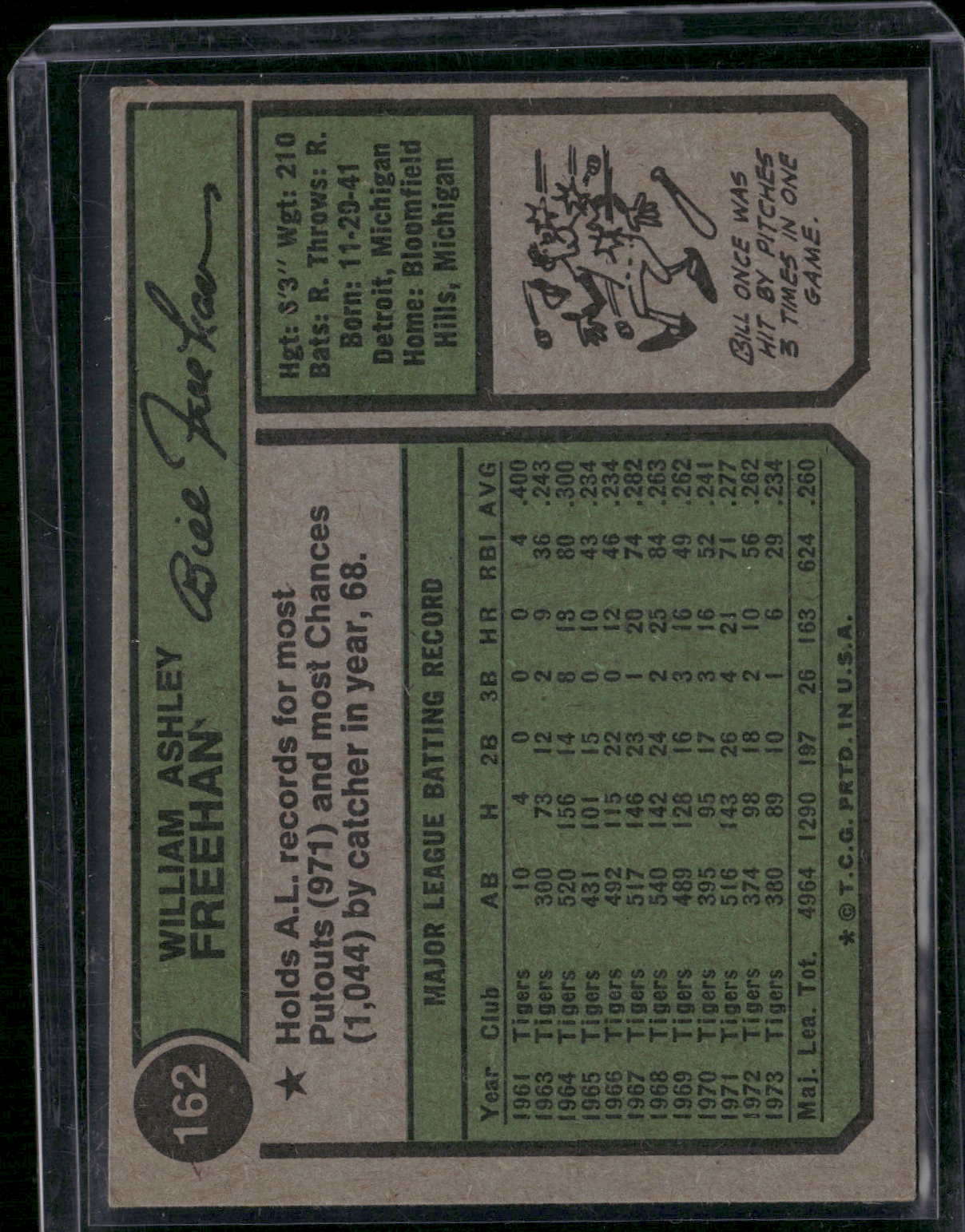 1974 Topps BILL FREEHAN #162 Wax Stain (EX)
