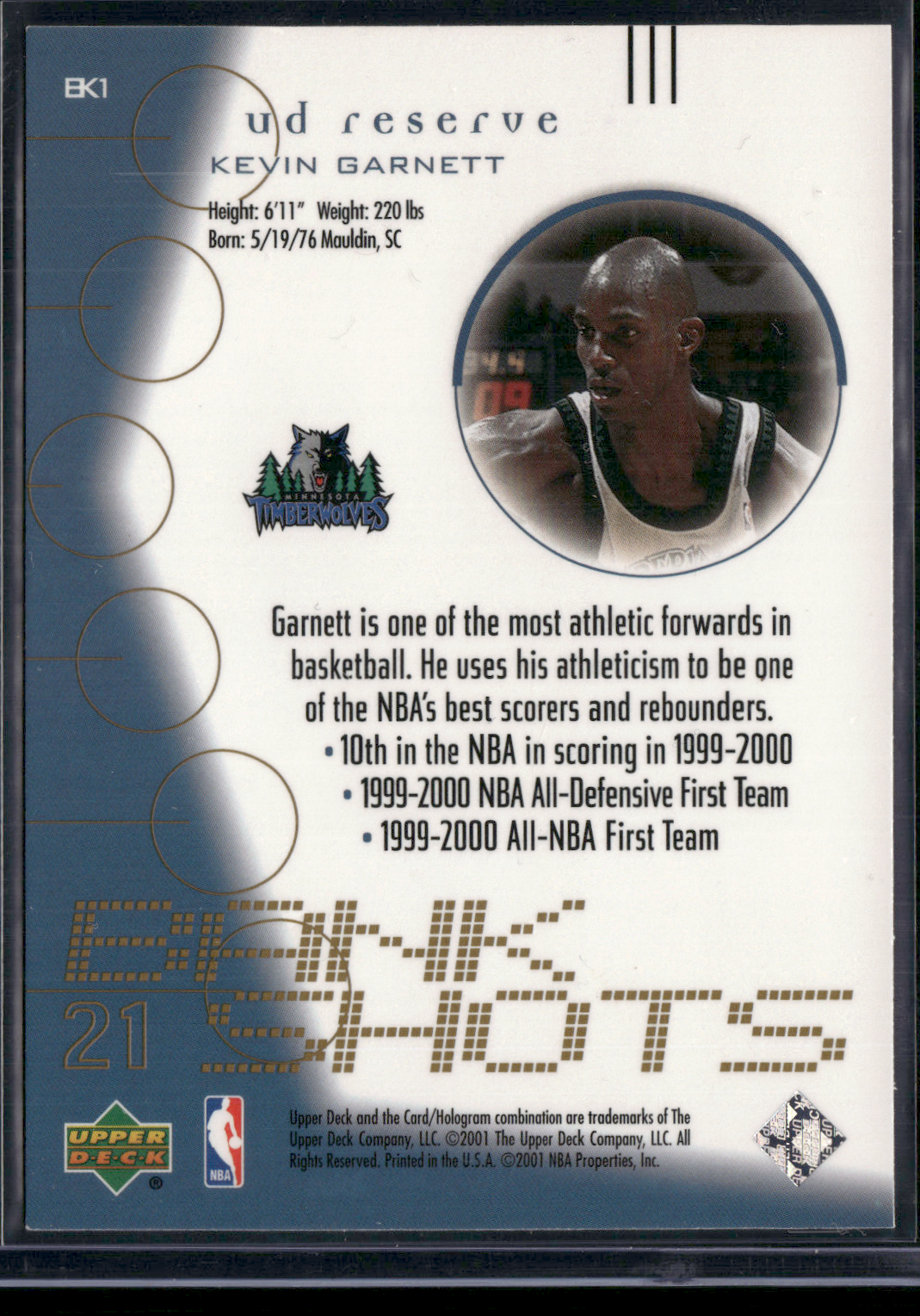 2001 Upper Deck KEVIN GARNETT #BK1 Bank Shots Refractor (NM)