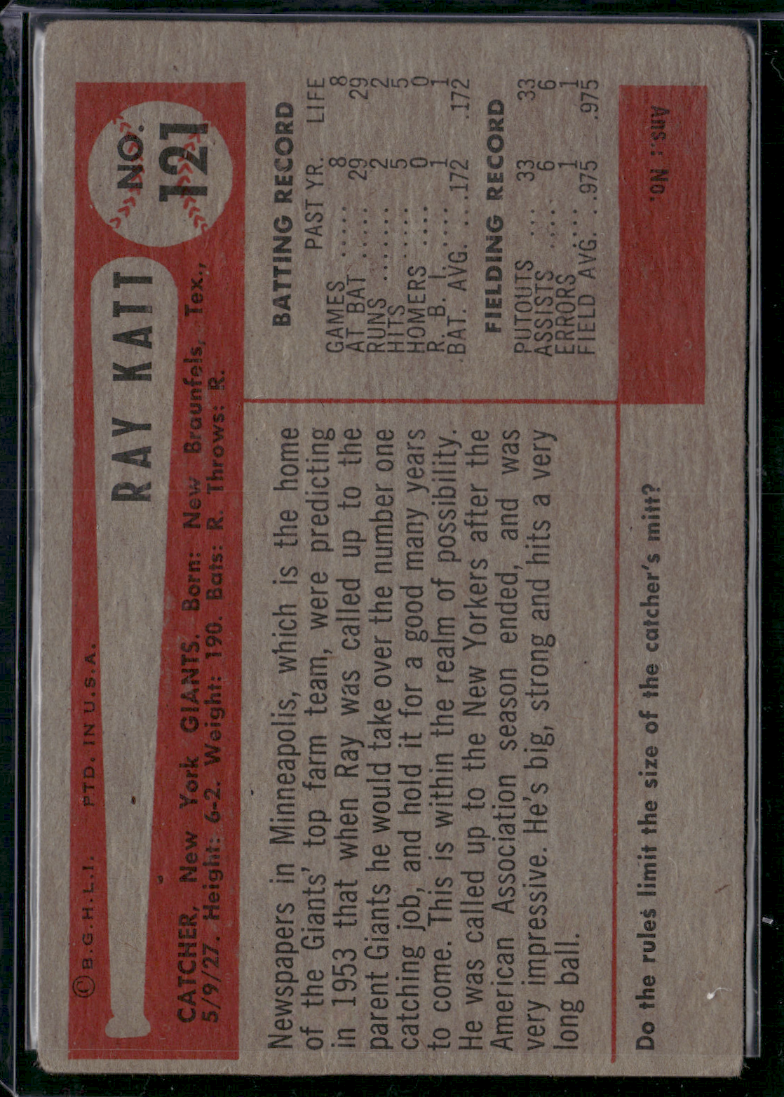 1954 Bowman RAY KATT #121