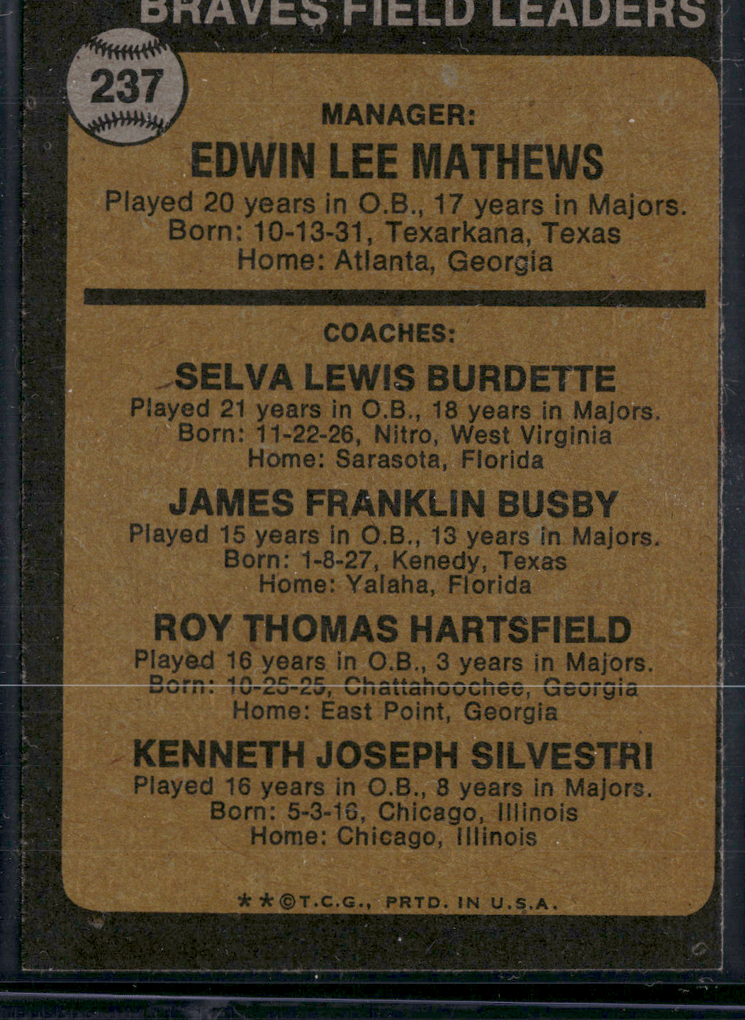 1973 Topps EDDIE MATHEWS #237 Miscut (EX)