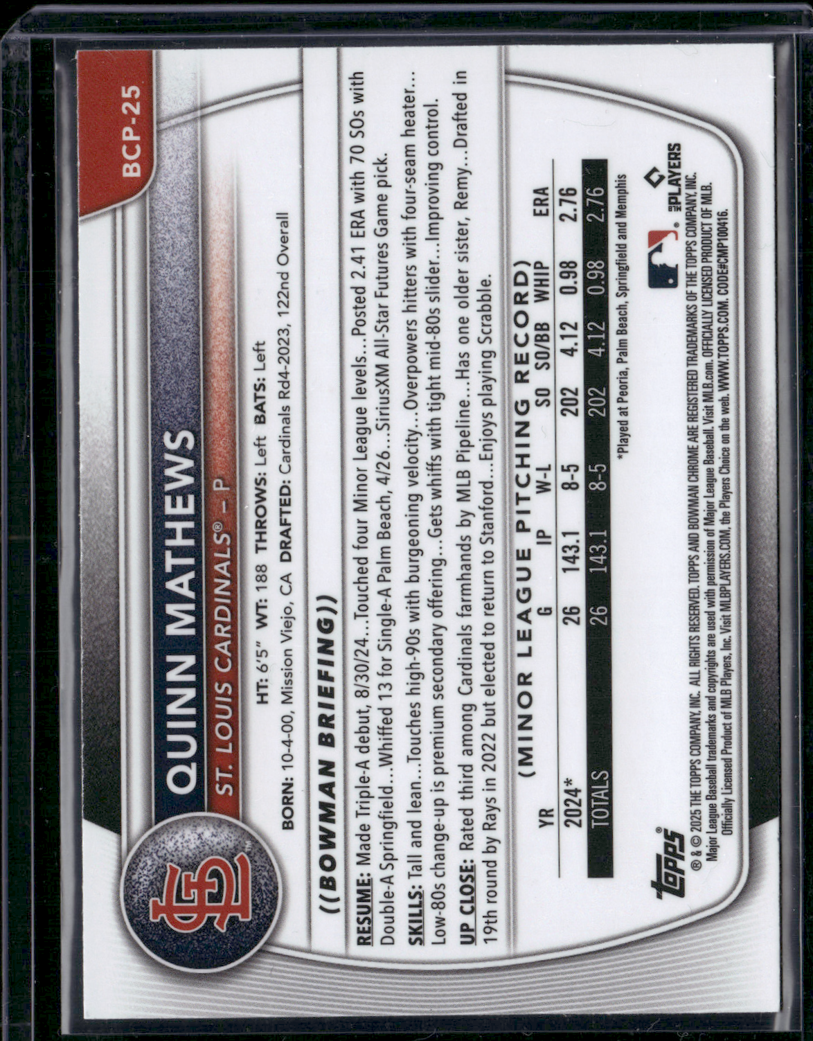 2025 Bowman QUINN MATTHEWS #BCP-25 Chrome 1st Bowman