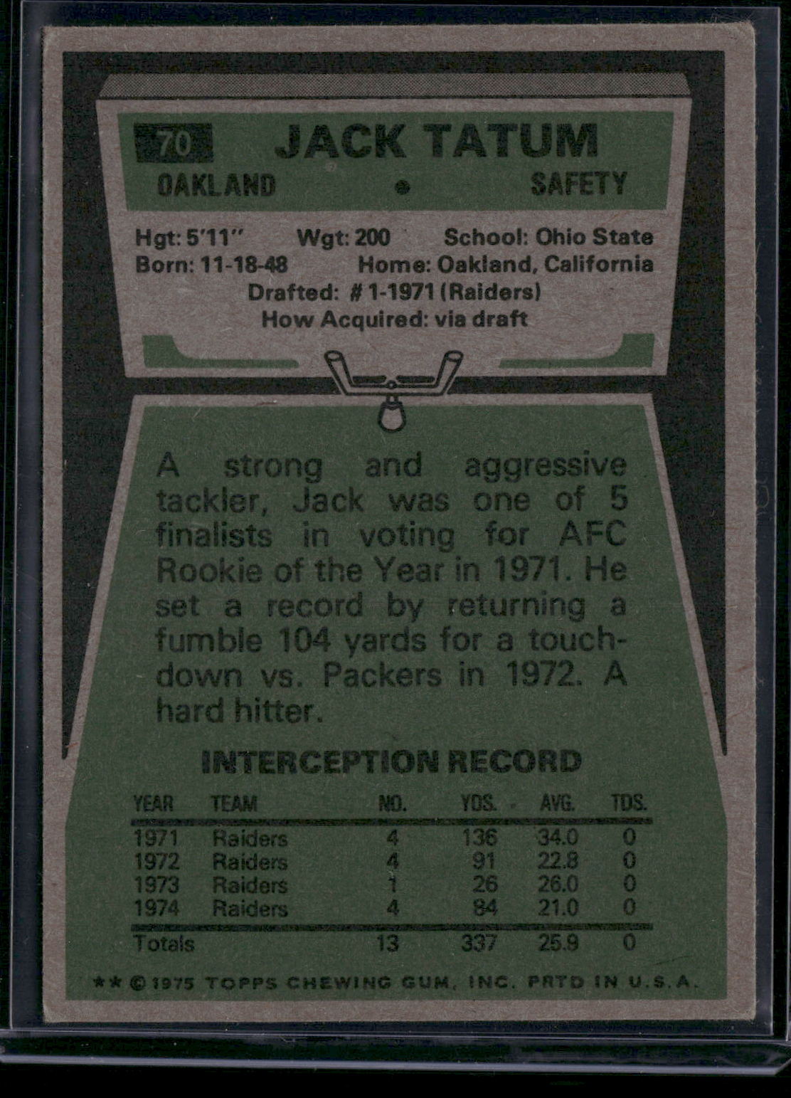 1975 Topps JACK TATUM #70 (VG - Light Scratches)