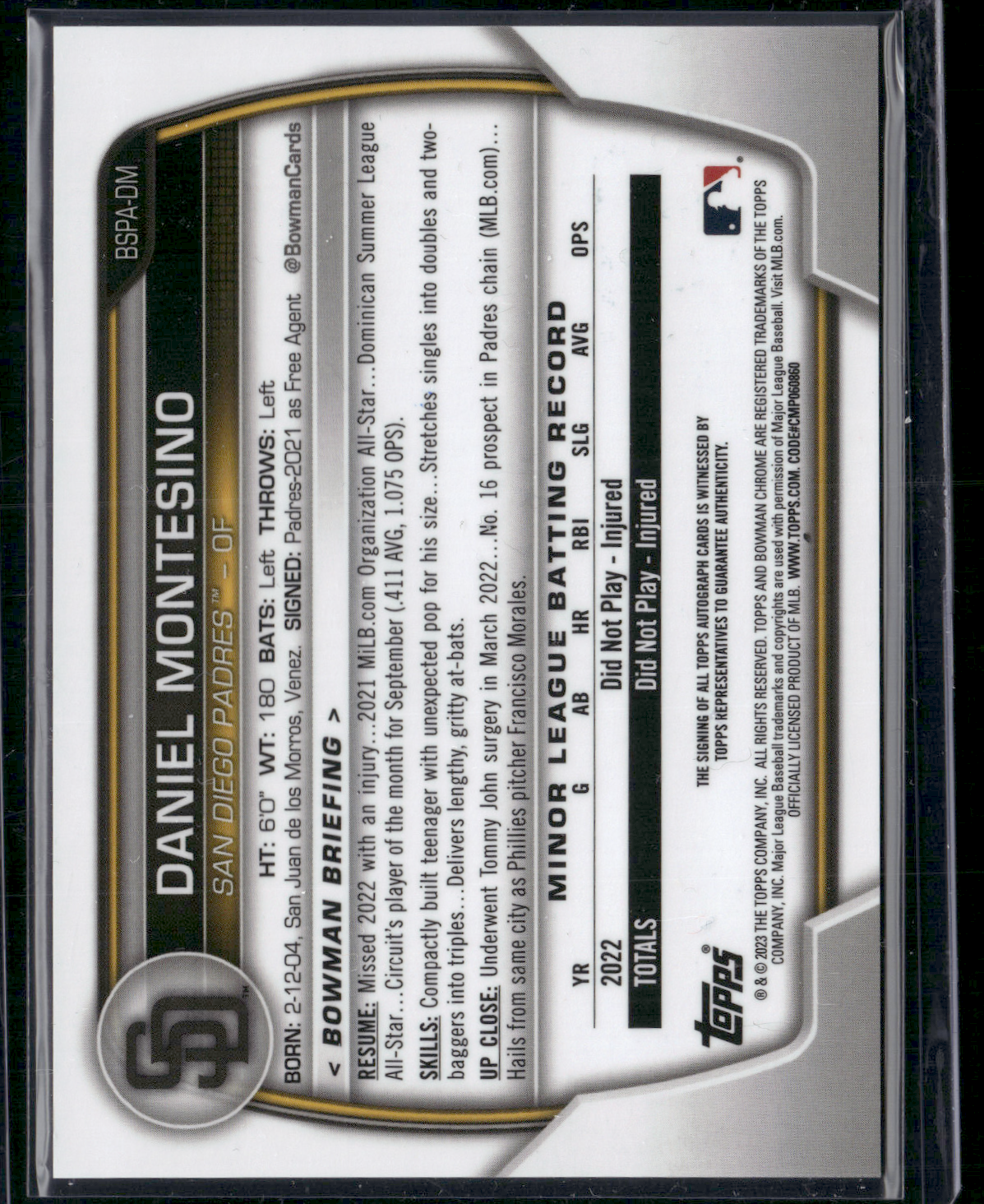 2023 Chrome DANIEL MONTESINO #BSPA-DM Blue Sapphire Auto 1st Bowman (NM)