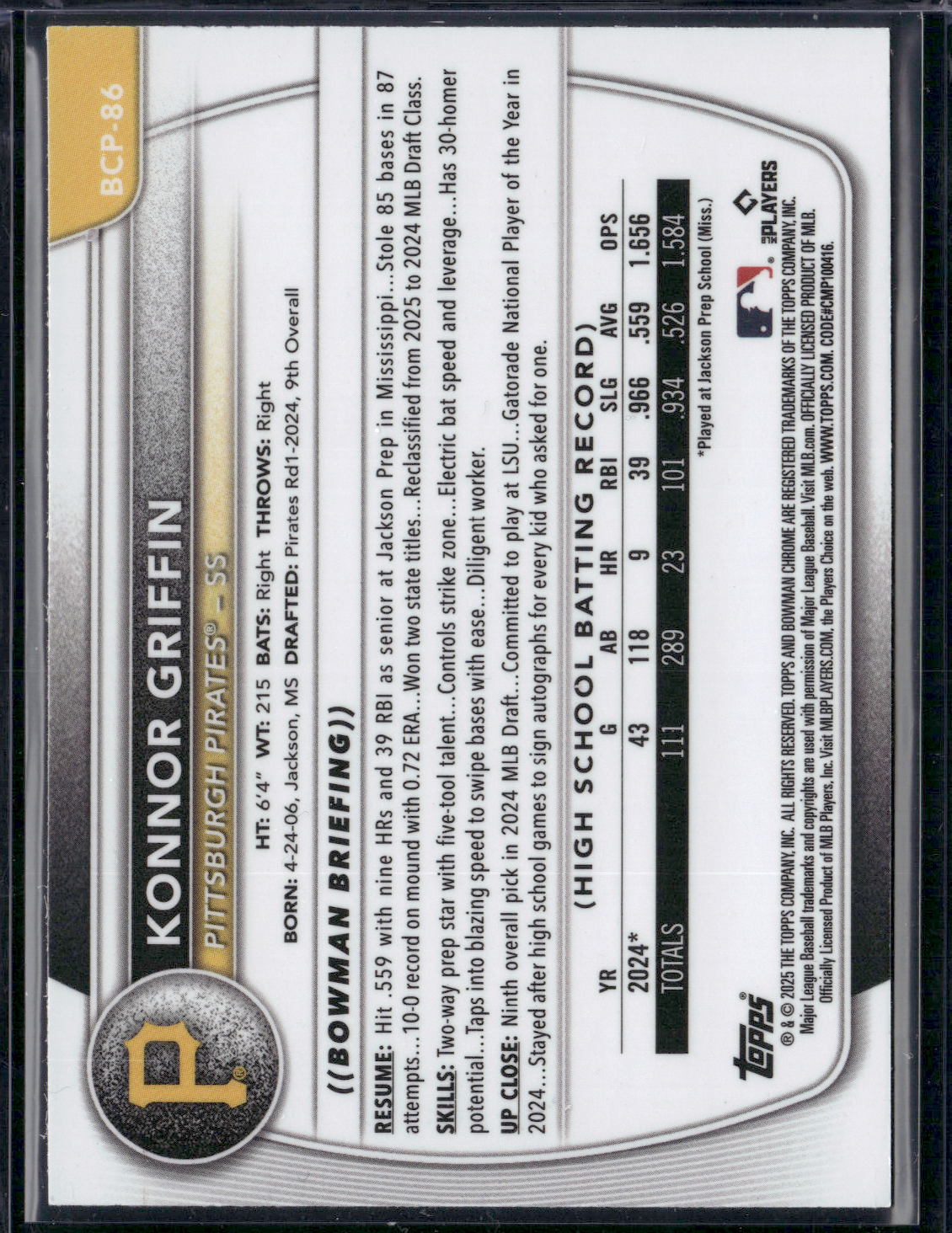 2025 Bowman KONNOR GRIFFIN #BCP-86 Chrome - NEW #1 Prospect in Baseball