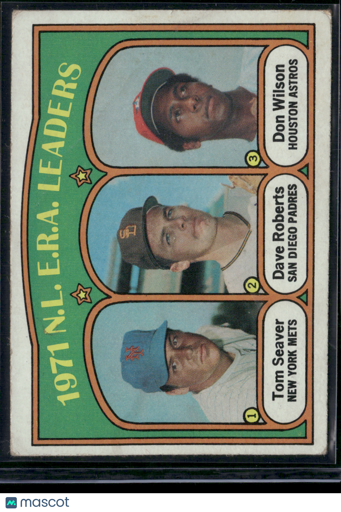 1972 Topps TOM SEAVER/DAVE ROBERTS/WILSON #91 1971 NL ERA Leaders Crease (Good)