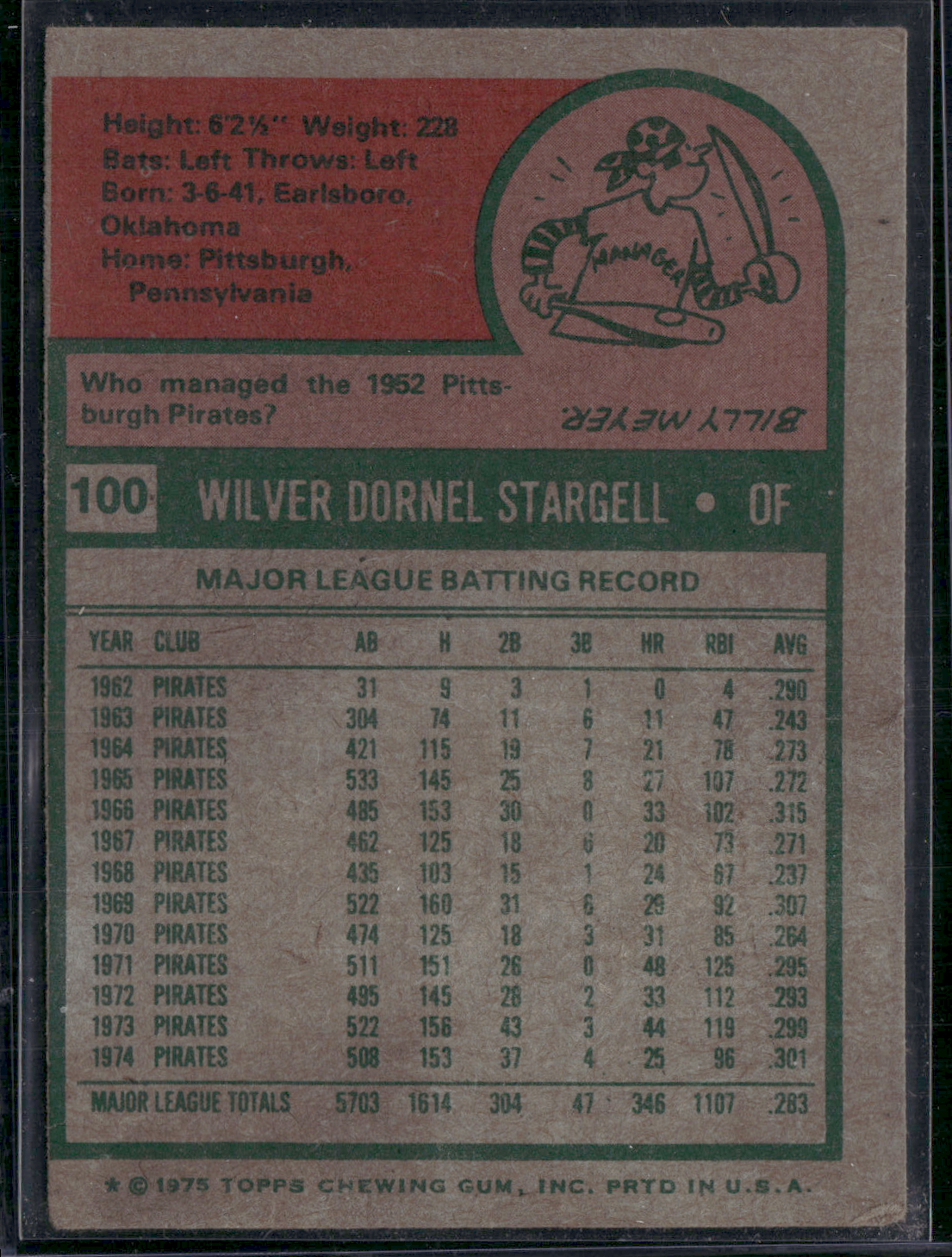 1975 Topps WILLIE STARGELL #100 (Poor)
