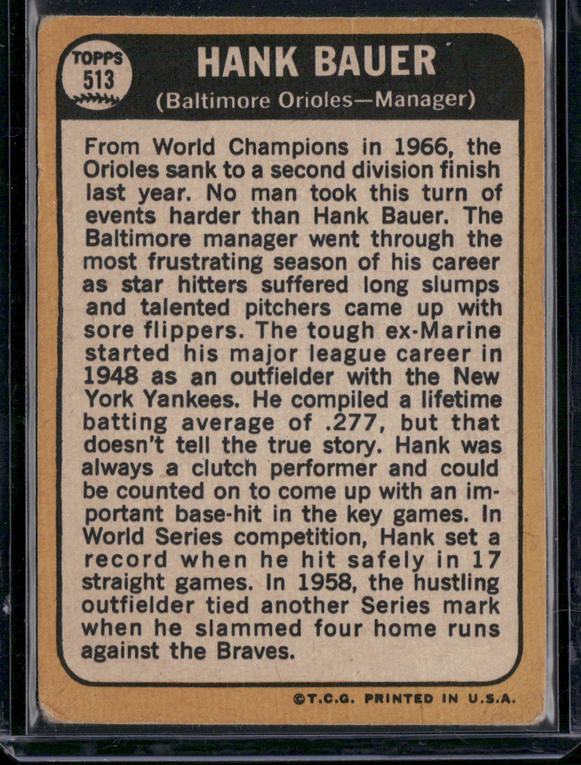 1968 Topps HANK BAUER #513 Wrinkling