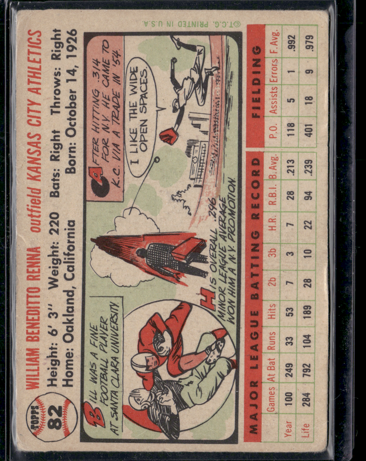 1956 Topps BILL RENNA #82 Surface Wrinkles