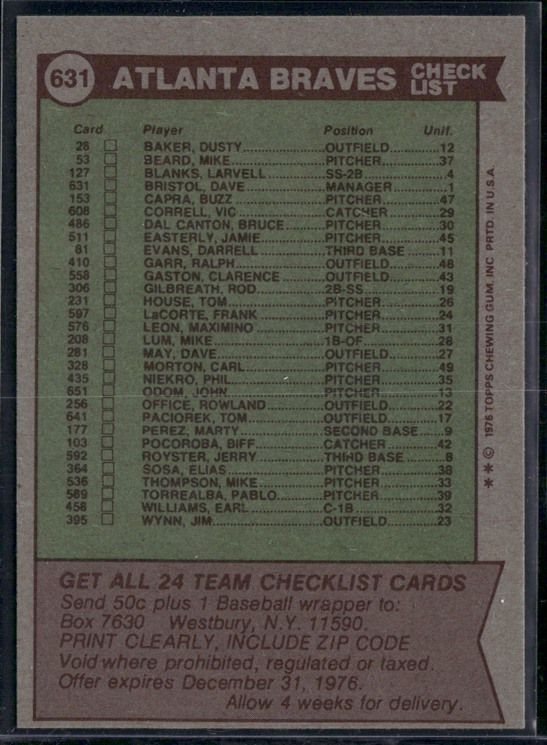 1976 Topps ATLANTA BRAVES #631 Slight Grain Raise (EX)