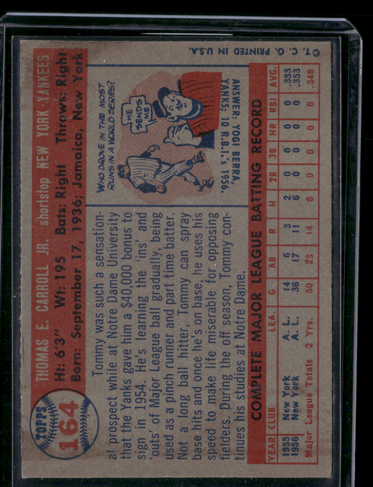 1957 Topps TOMMY CARROLL #164 Staining on back