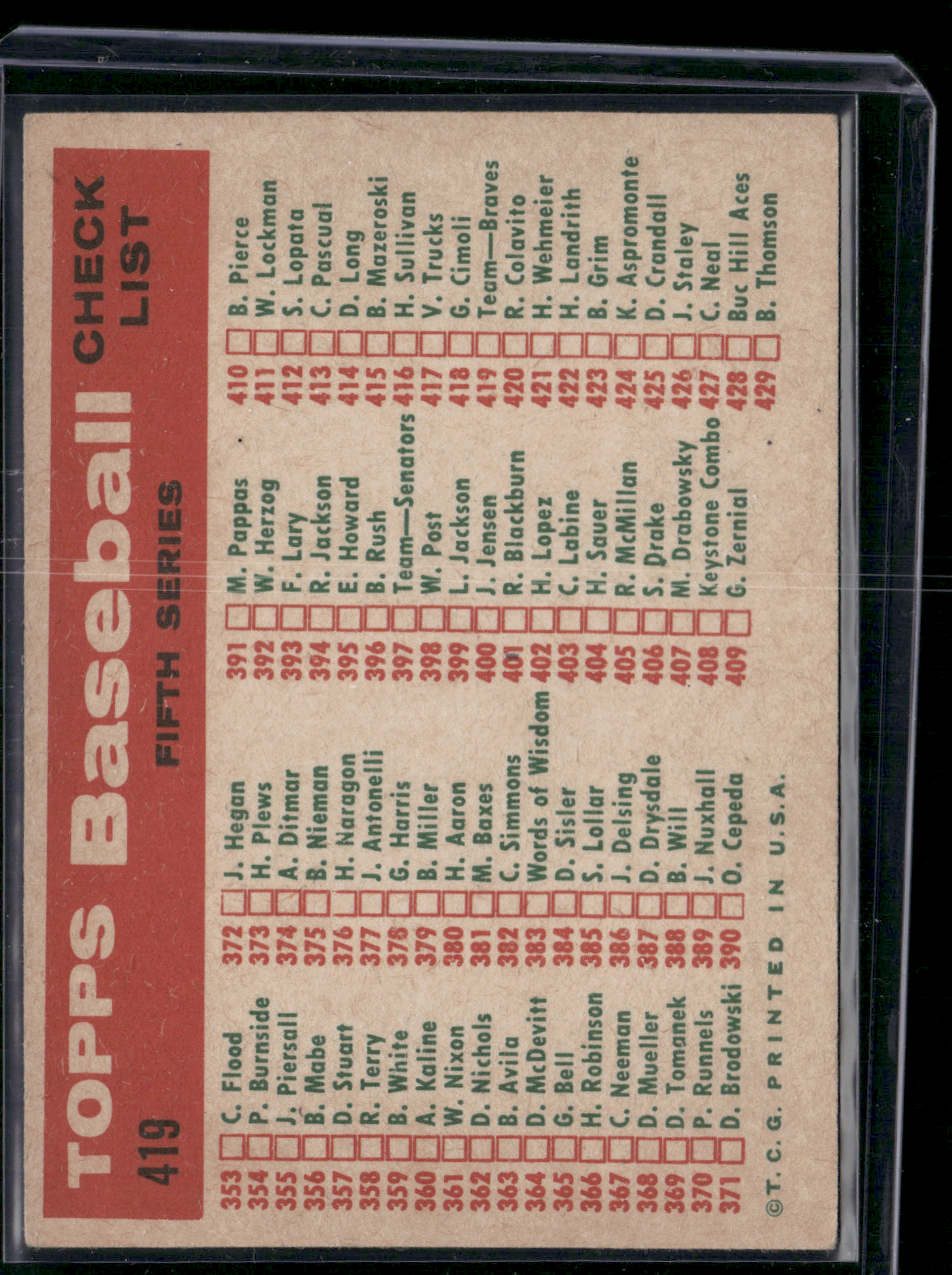 1959 Topps MILWAUKEE BRAVES #419 (VG)