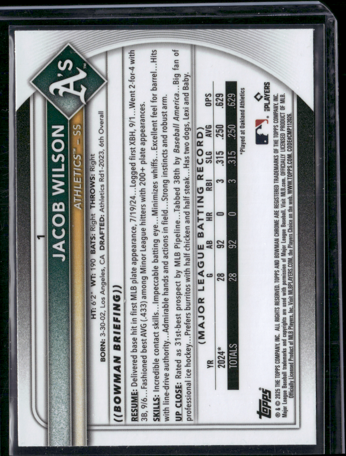 2025 Chrome JACOB WILSON #1 Rookie RC (NM)