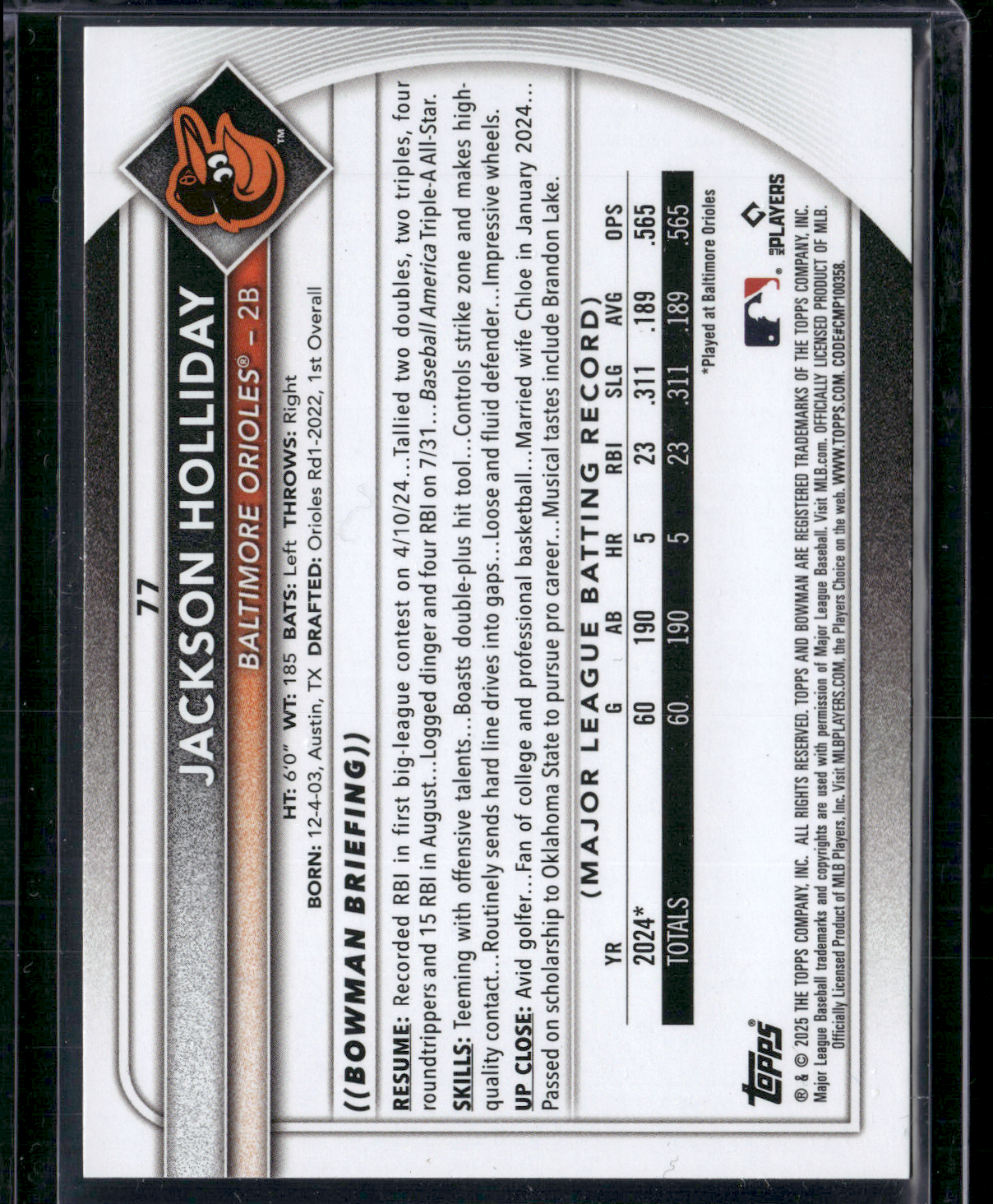 2025 Bowman JACKSON HOLLIDAY #77