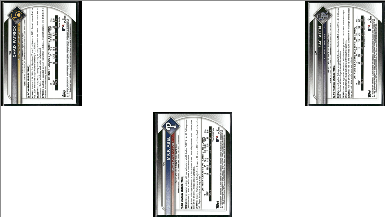 2025 Topps Chrome 3 ~ CARDLOT ZAC VEEN/ABEL/PATRICK Rookie Red Shield RC (NM)