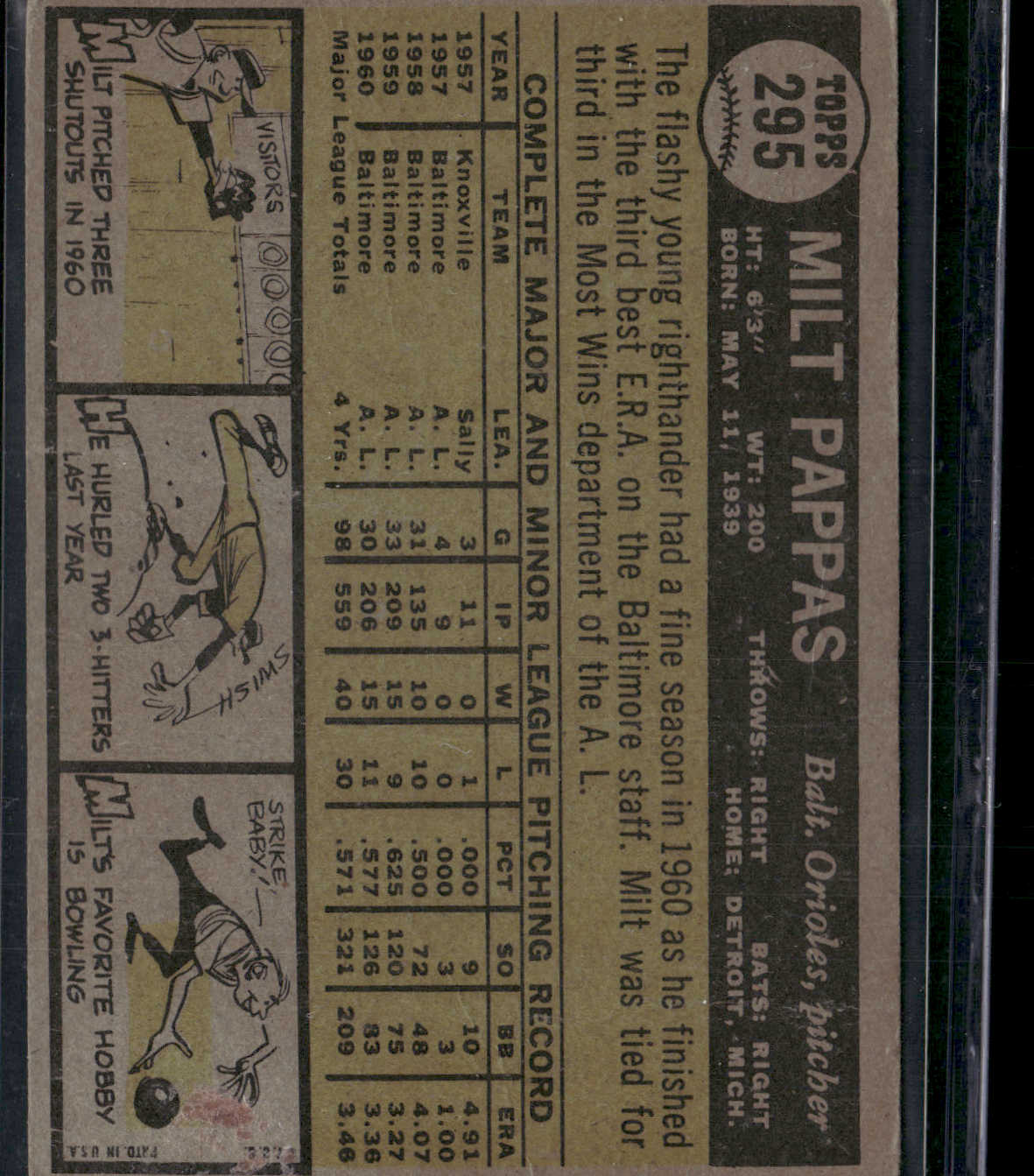 1961 Topps MILT PAPPAS #295 Toning Light Wrinkles Crease (Good)