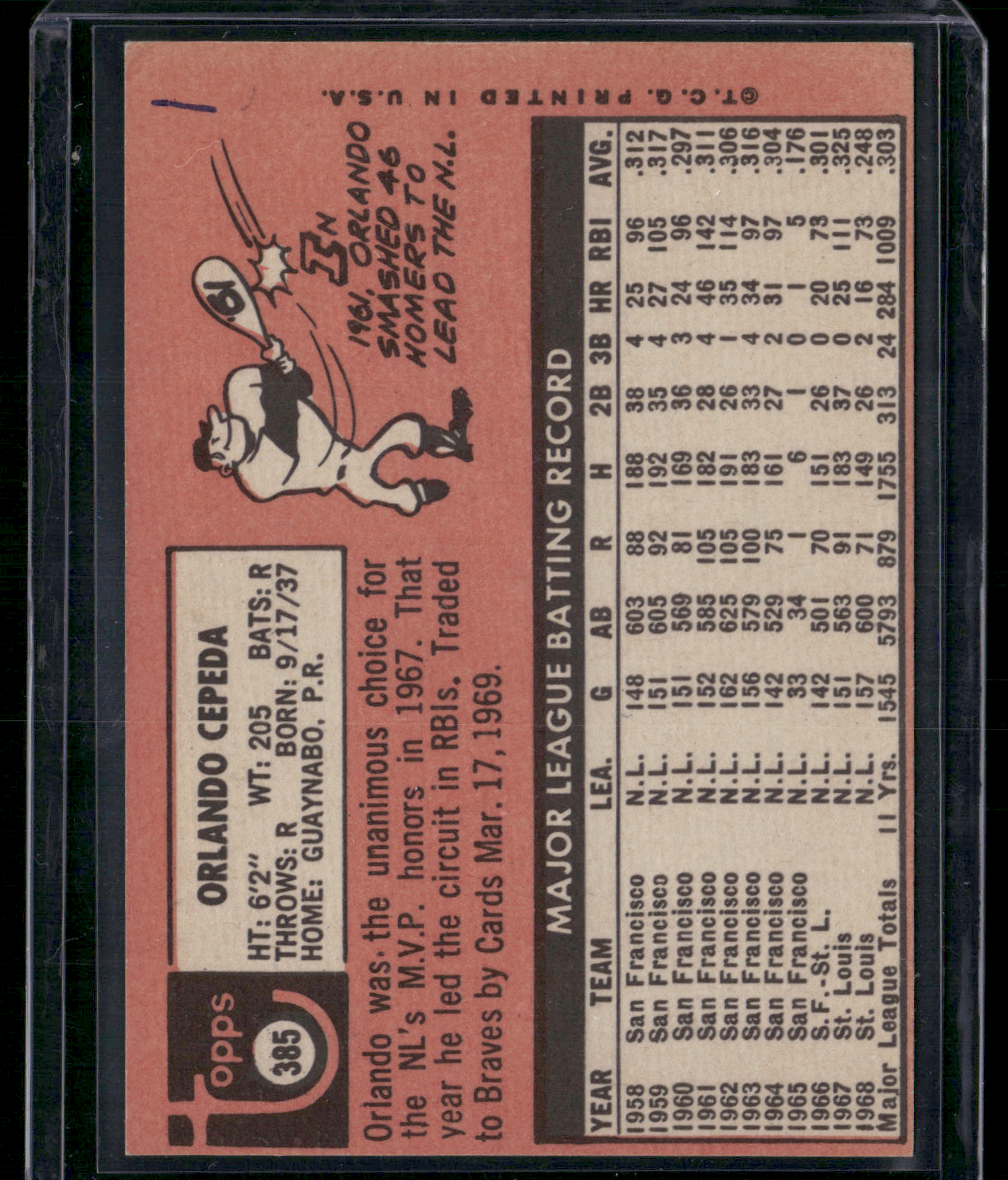 1969 Topps ORLANDO CEPEDA #385 Print Line (VG/EX)