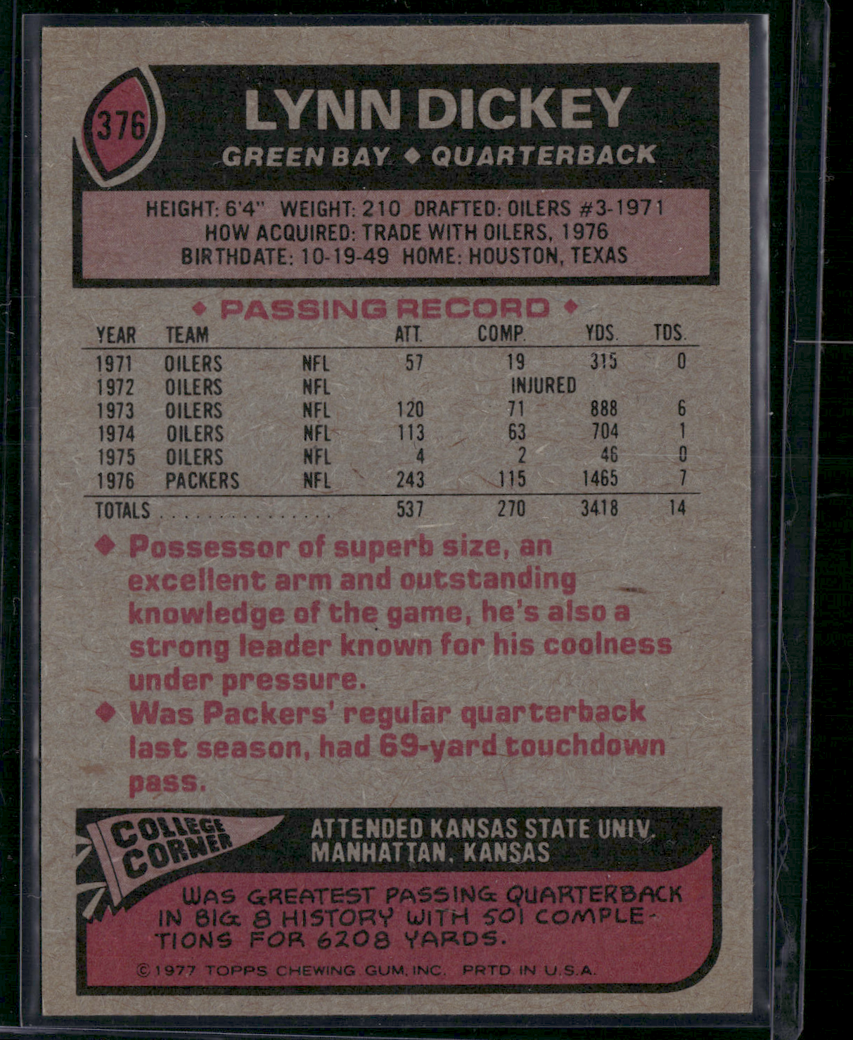 1977 Topps LYNN DICKEY #376 (EX/MT)