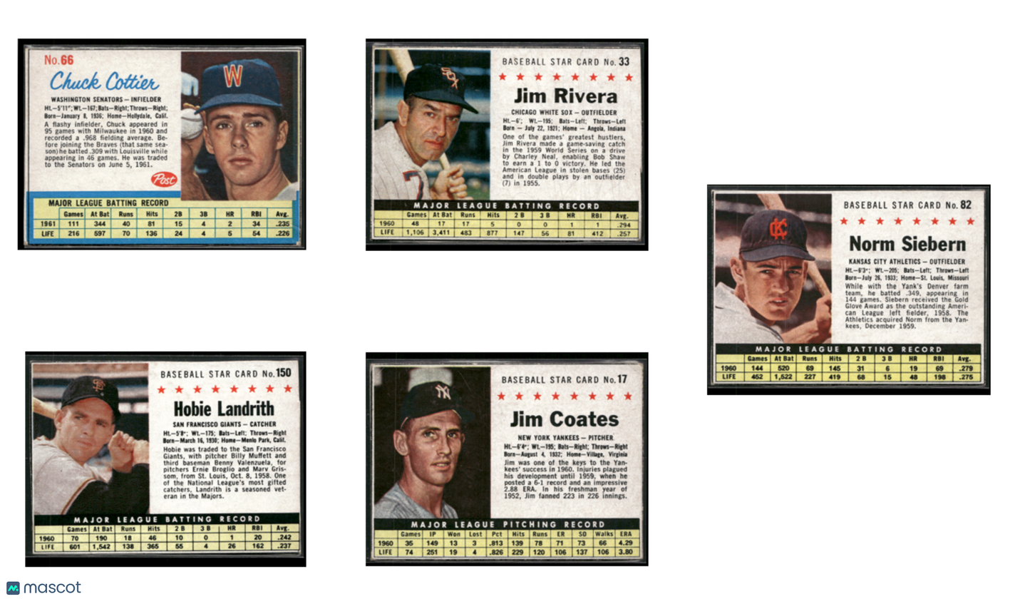 1961 Post Baseball CardsLot of 5 (VG) – Siebern Coates Rivera Landrith Cottier