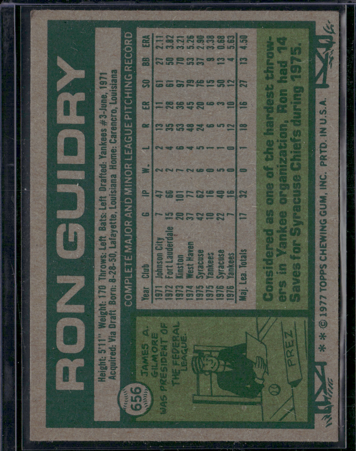 1977 Topps RON GUIDRY #656 (EX/MT)