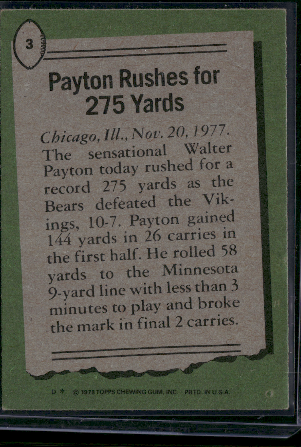 1978 Topps WALTER PAYTON #3 1977 Highlights (EX)