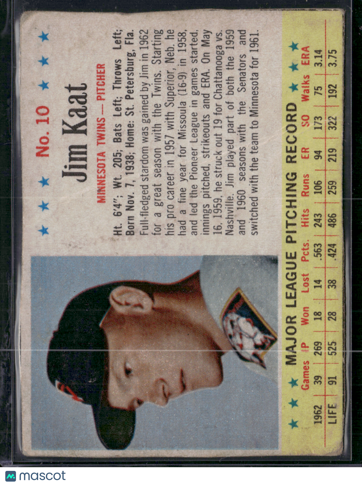 1963 Cereal Box JIM KAAT #10 Hand Cut Wrinkle (Good)
