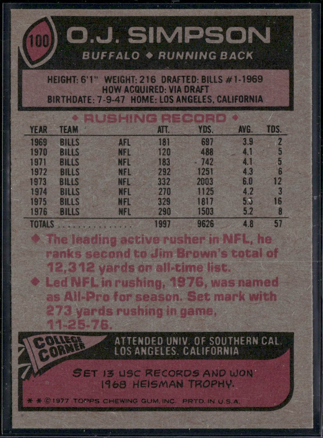 1977 Topps O.J. SIMPSON #100 (EX)