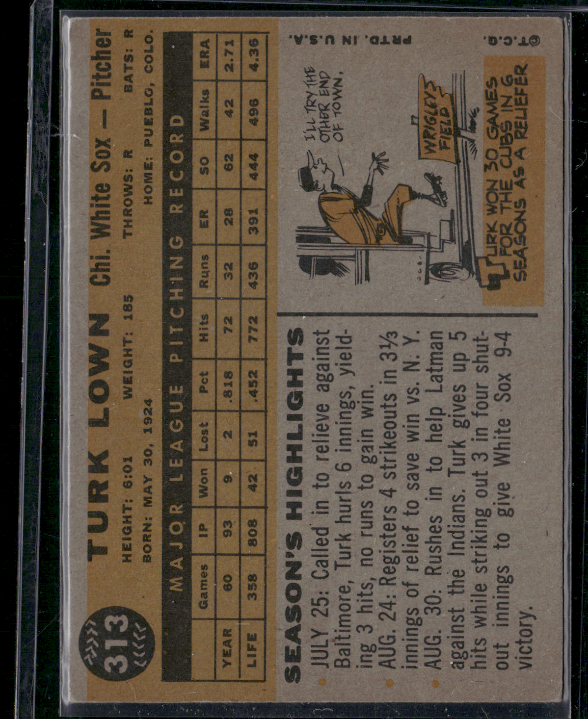 1960 Topps TURK LOWN #313 Staining (VG)