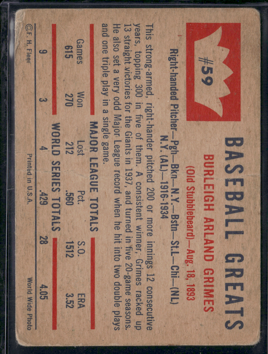 1960 Baseball Greats BURLEIGH GRIMES #59 (Fair)