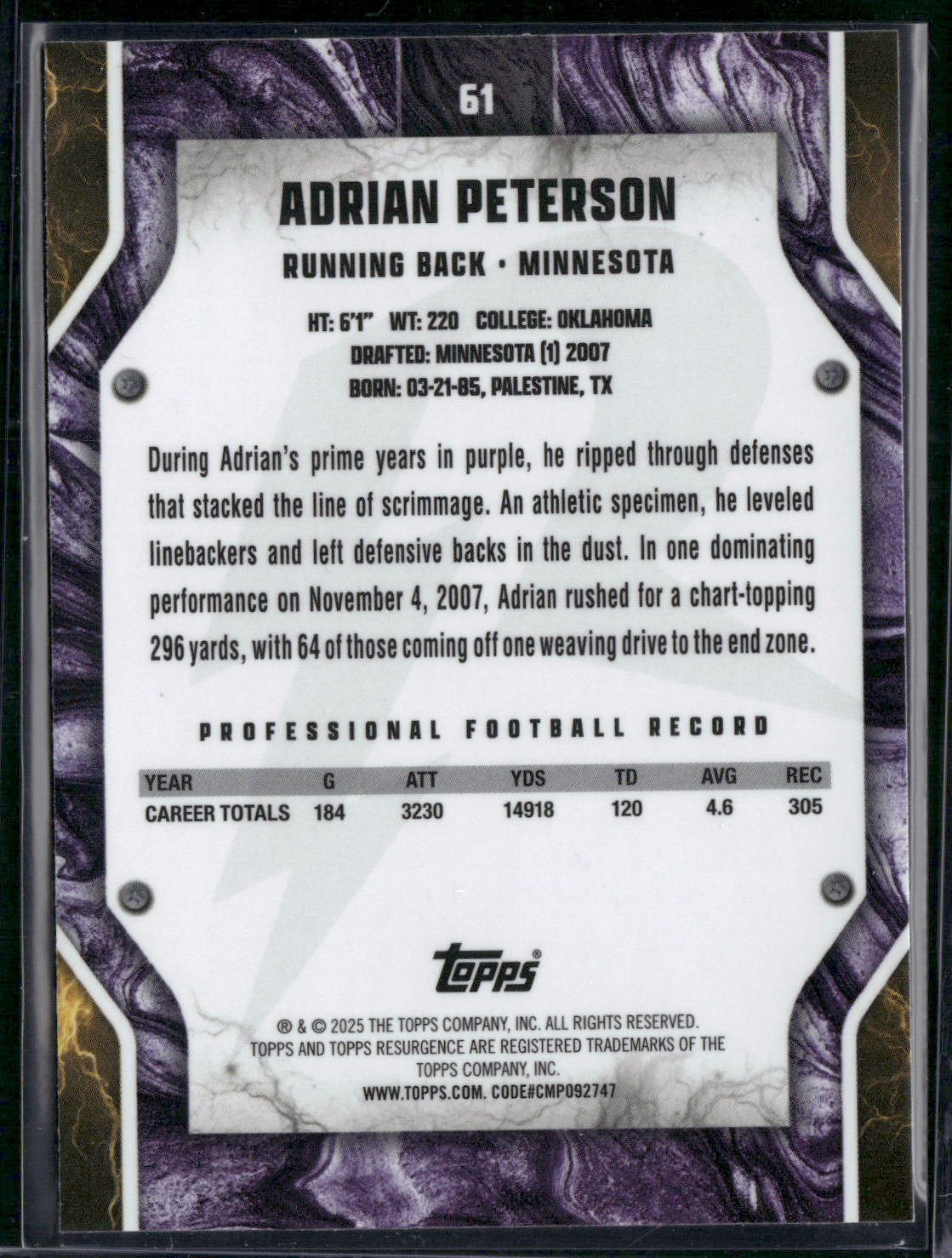 2024 Topps Resurgence ADRIAN PETERSON #51 PRISM BURST FOILBOARD