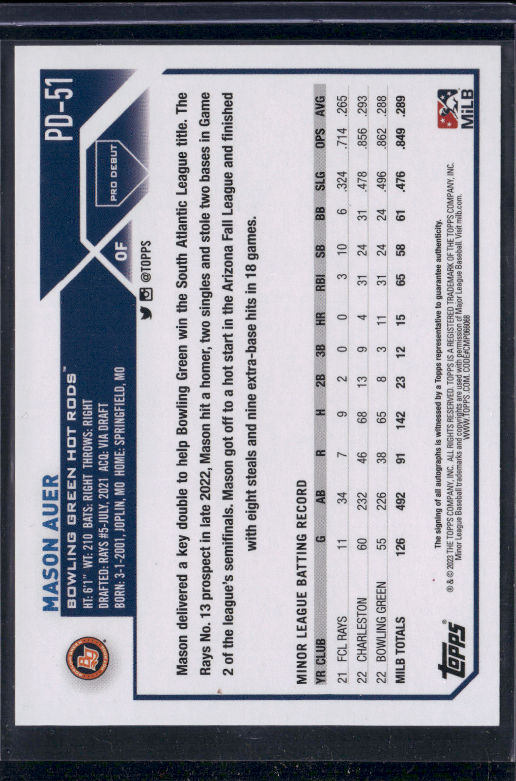 2023 Pro Debut MASON AUER #PD-51 Auto (NM)