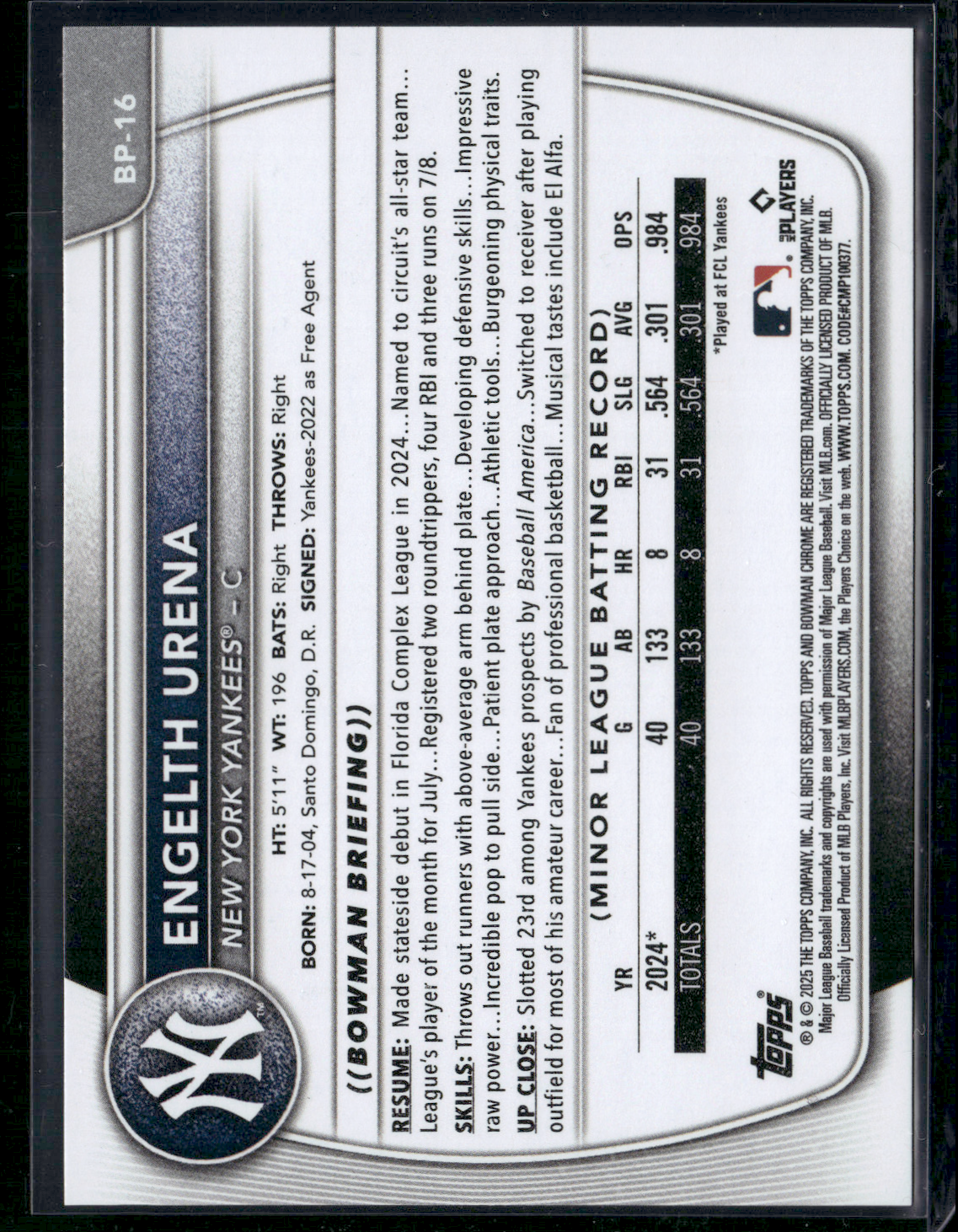 2025 Bowman ENGELTH URENA #BP-16 1st Bowman
