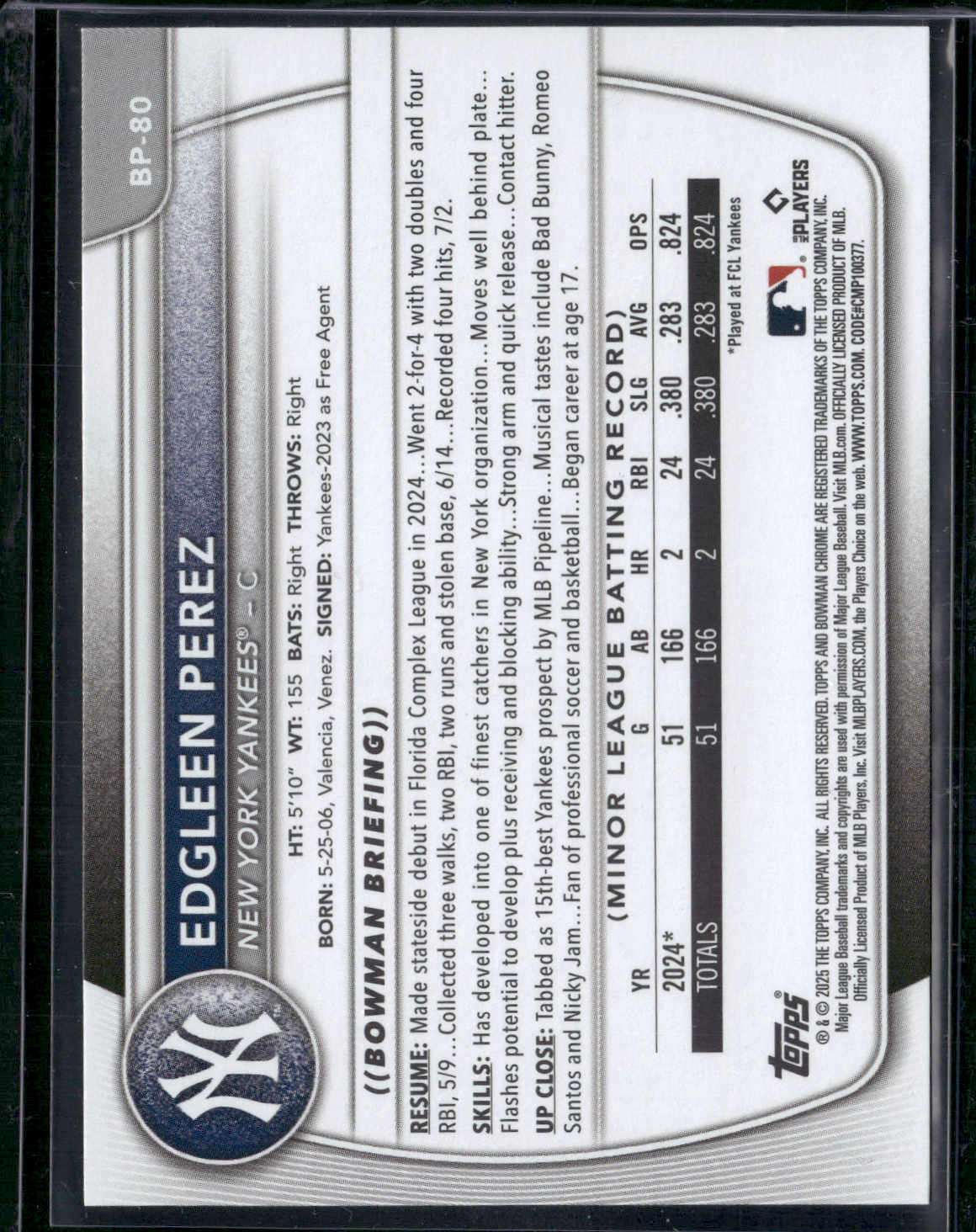 2025 Bowman EDGLEEN PEREZ #BP-80 1st Bowman