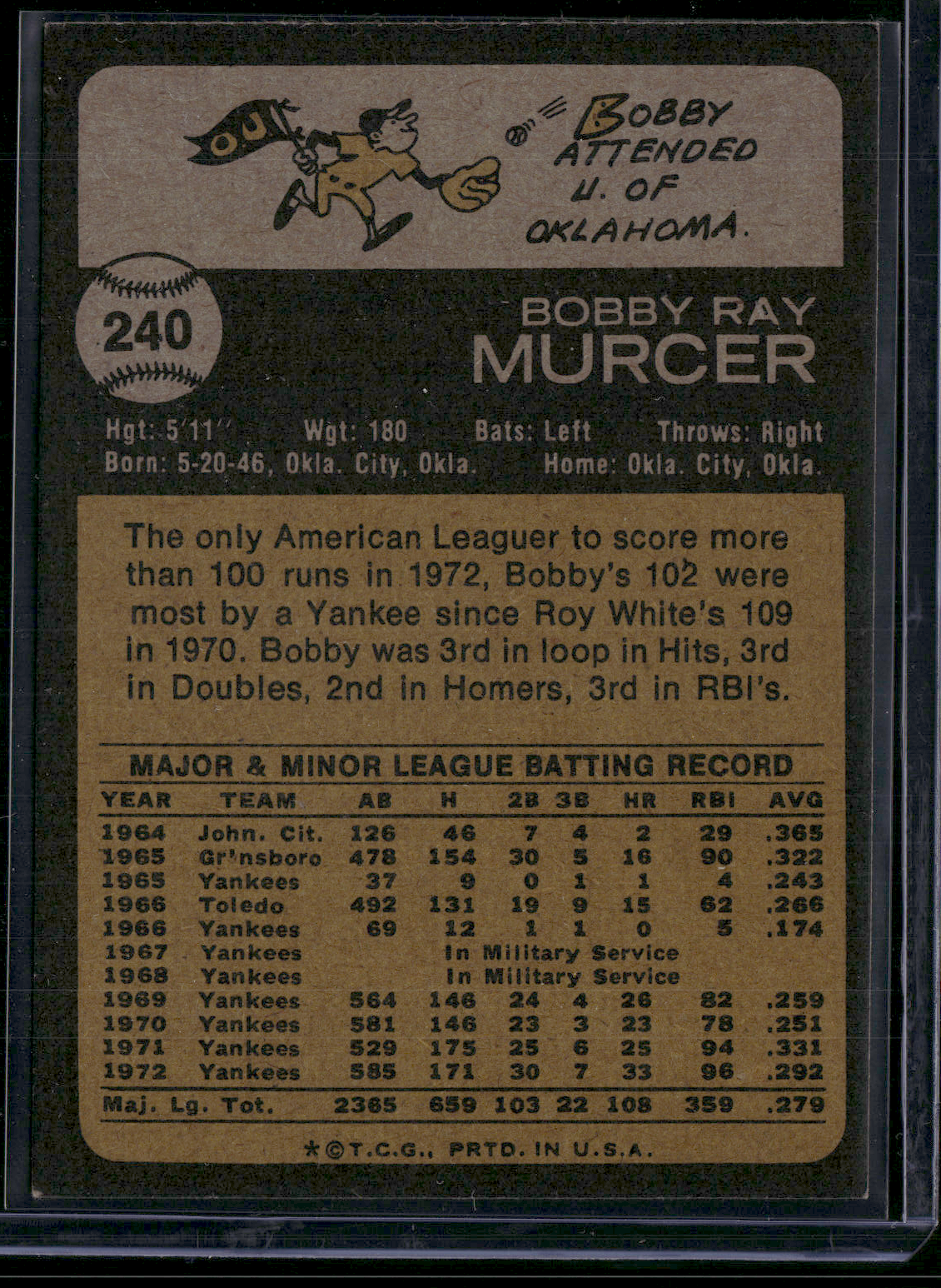 1973 Topps BOBBY MURCER #240 Print Snow (EX)