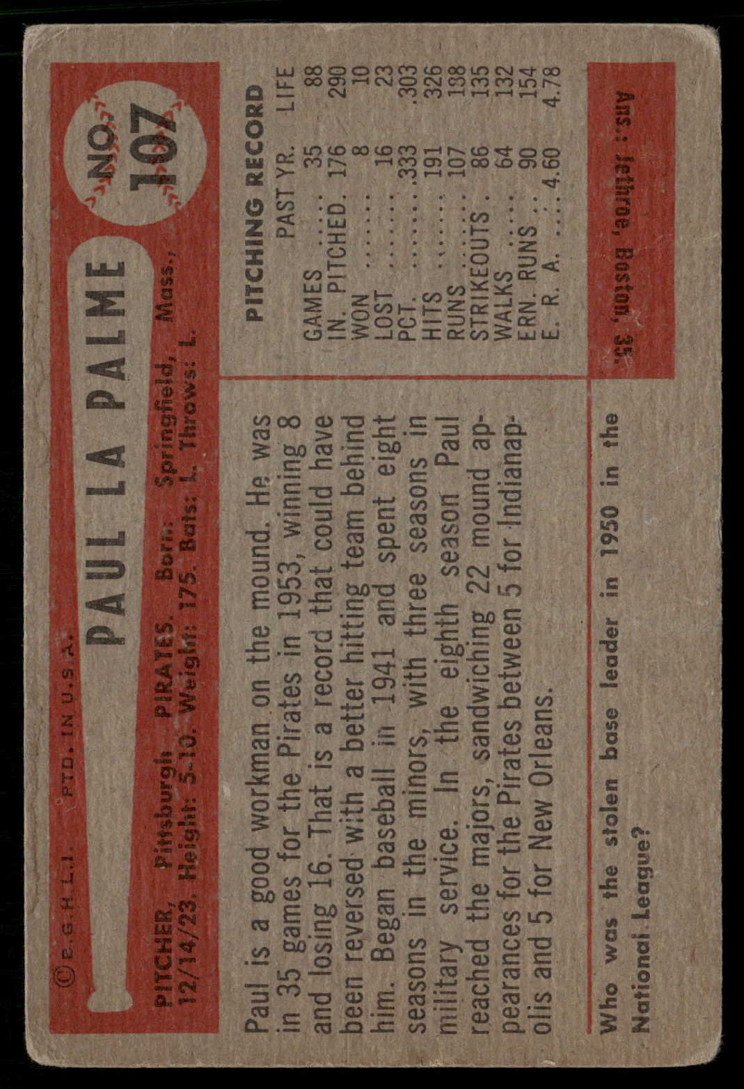 1954 Bowman PAUL LA PALME #107 Wrinkles (Good)