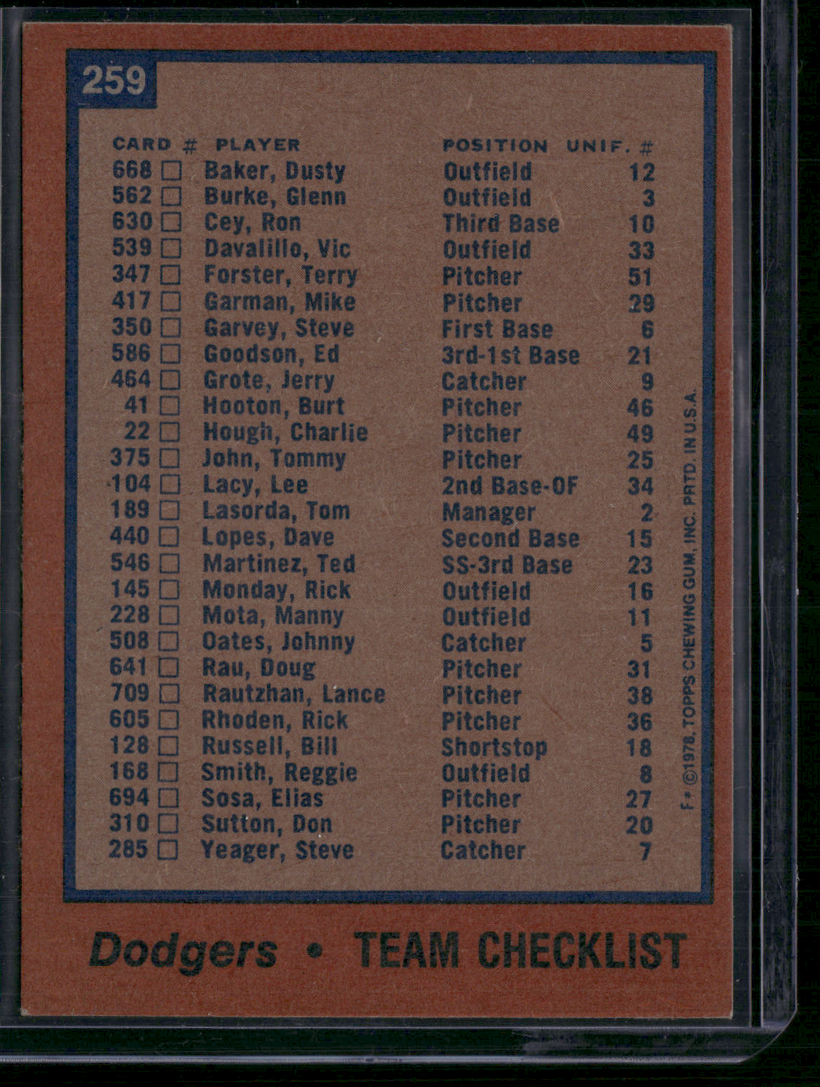 1978 Topps LOS ANGELES DODGERS #259 Edge Chip (EX)