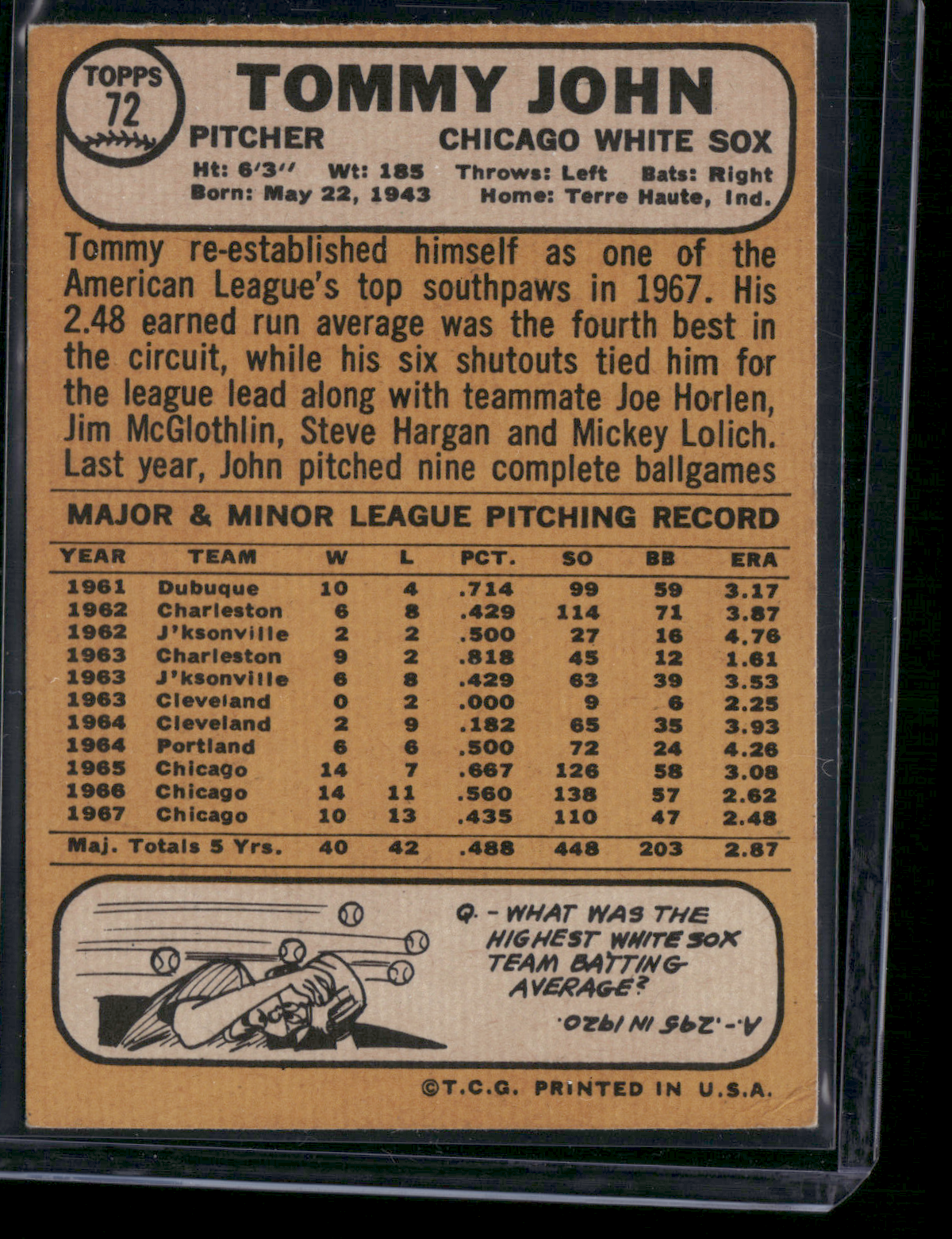 1968 Topps TOMMY JOHN #72 Wrinkle on back (VG)