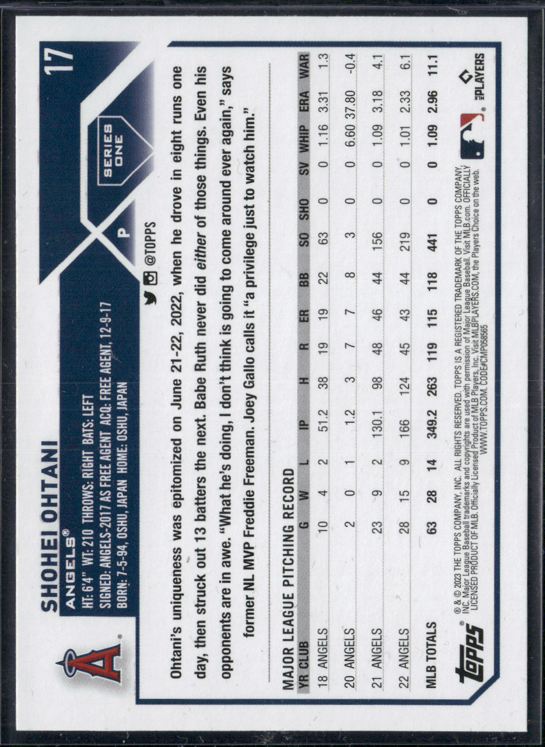 2023 Topps SHOHEI OHTANI #17 Unkown Mark on back (EX/MT-NM)