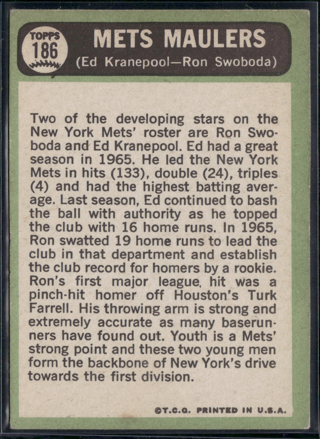 1967 Topps ED KRANEPOOL/RON SWOBODA #186 Met's Maulers (VG)