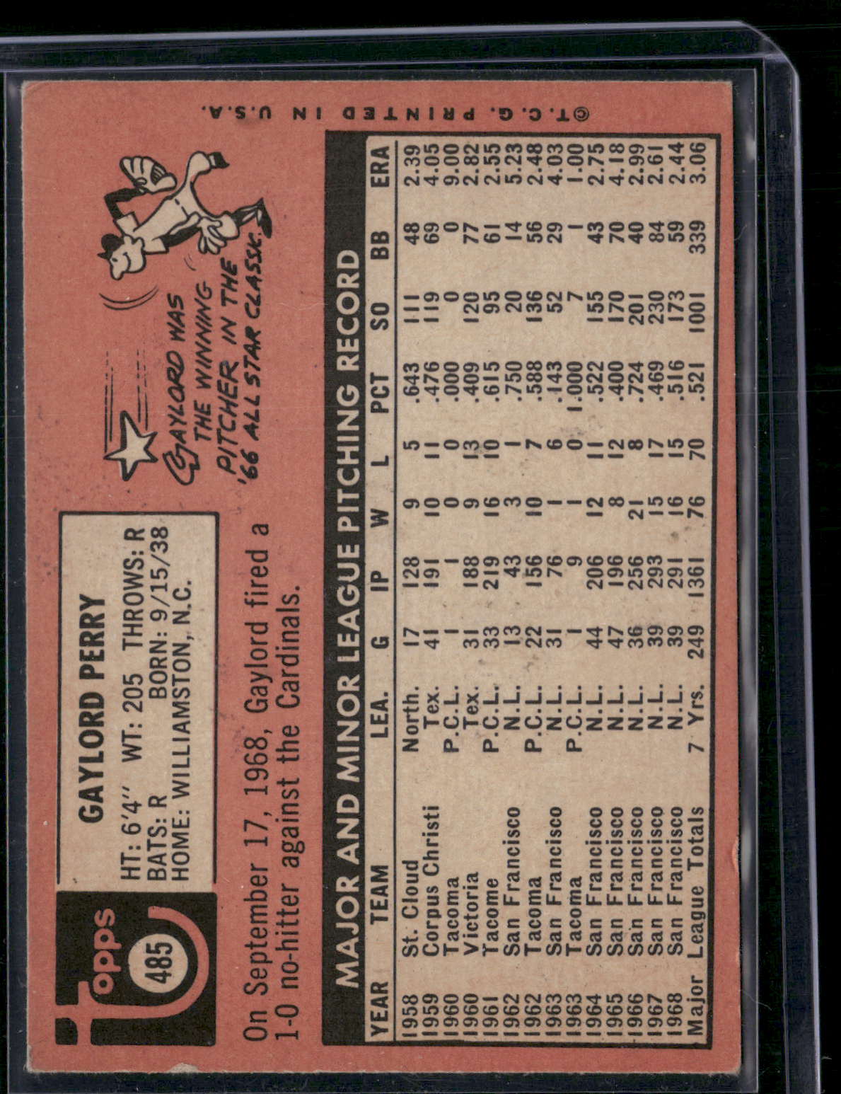 1969 Topps GAYLORD PERRY #485 Light Scratches Edge Crush Wrinkle (VG)