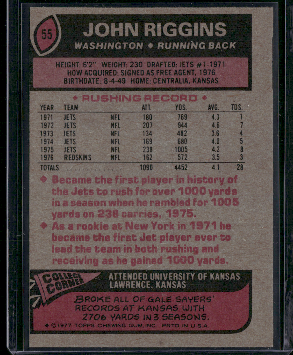 1977 Topps JOHN RIGGINS #55 (EX)