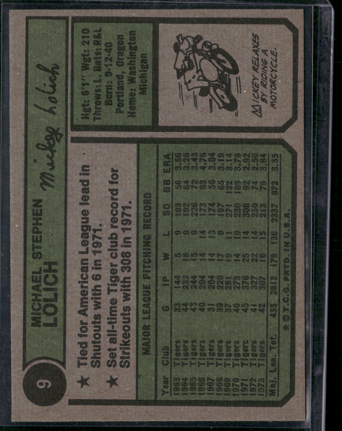 1974 Topps MICKEY LOLICH #9 (VG/EX)