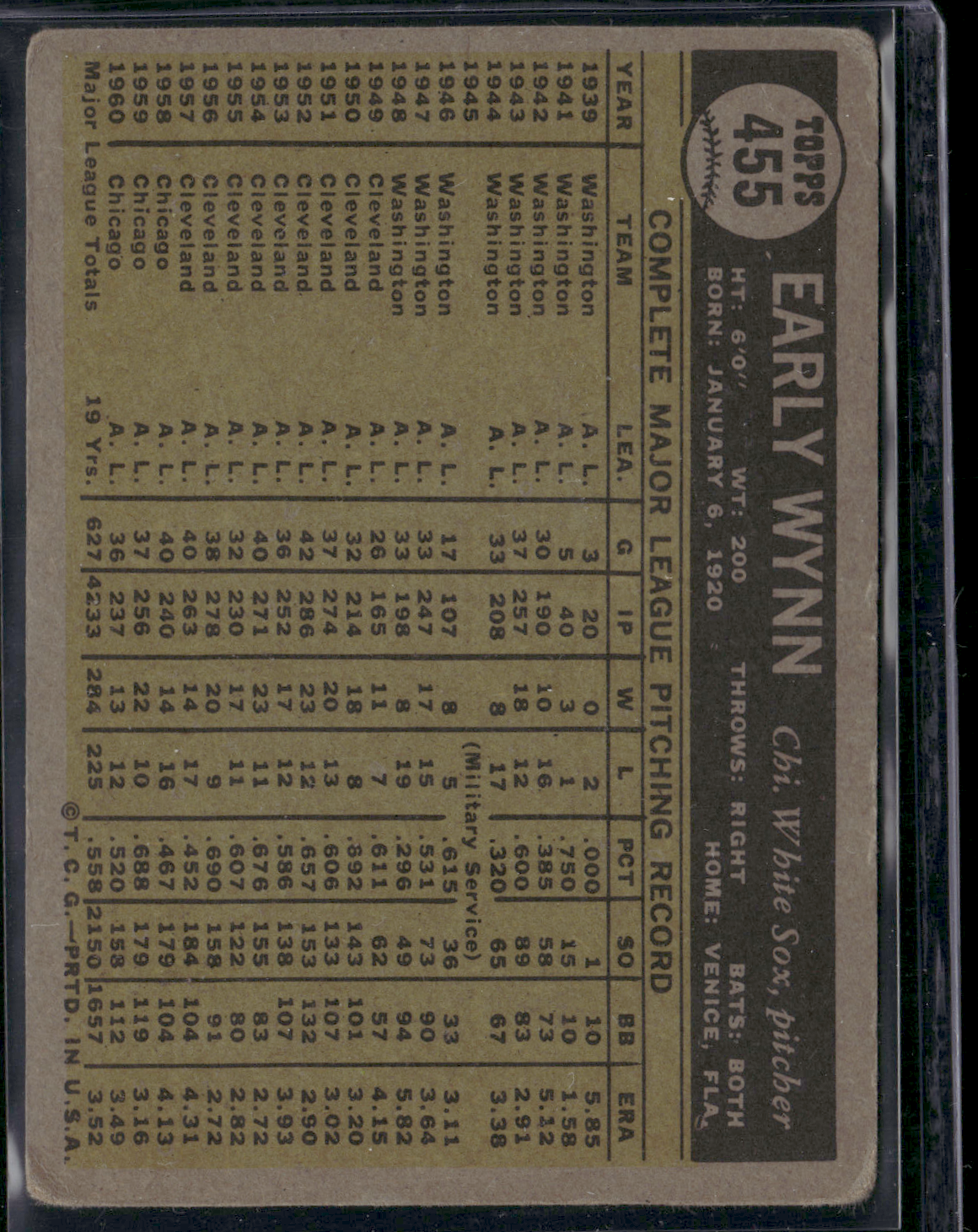 1961 Topps EARLY WYNN #455 Toning Print Line (VG)