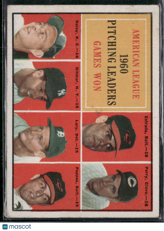1961 Topps ESTRADA/PERRY/DALEY/DITMAR/LARY/PAPPAS #48 AL Pitching Leaders Wins